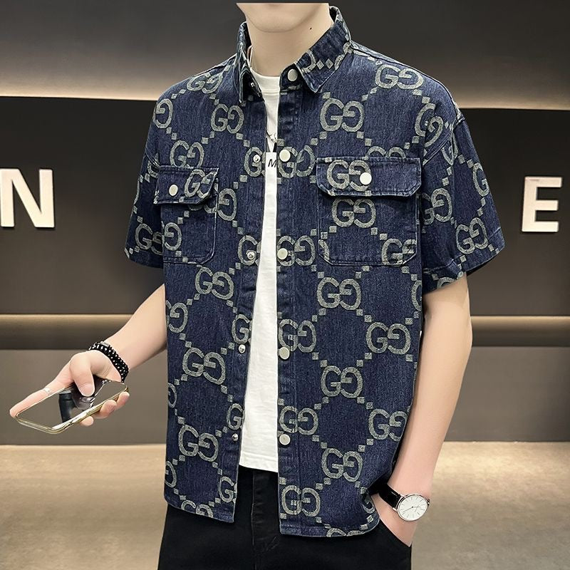 【#A547】Men Vintage All-over Print Short Sleeve Denim Shirt, Lapel Dual Pockets Washed Loose Casual Workwear Shacket