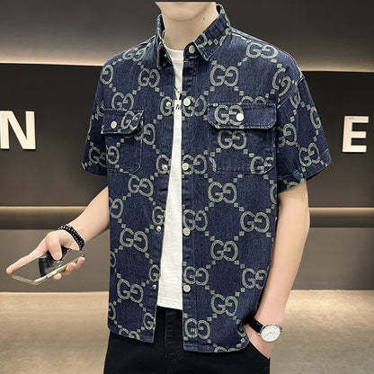 【#A547】Men Vintage All-over Print Short Sleeve Denim Shirt, Lapel Dual Pockets Washed Loose Casual Workwear Shacket