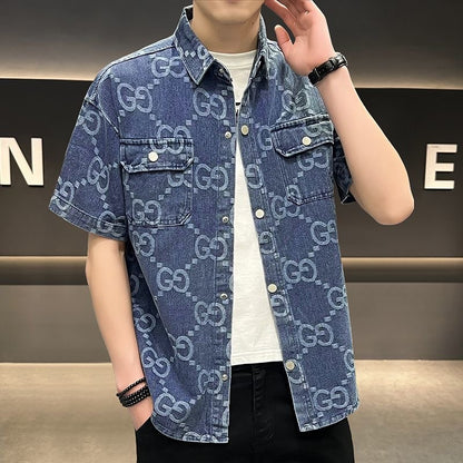 【#A547】Men Vintage All-over Print Short Sleeve Denim Shirt, Lapel Dual Pockets Washed Loose Casual Workwear Shacket