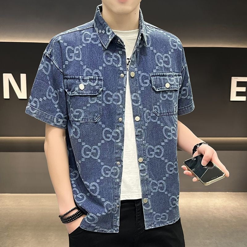【#A547】Men Vintage All-over Print Short Sleeve Denim Shirt, Lapel Dual Pockets Washed Loose Casual Workwear Shacket