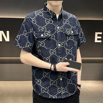 【#A547】Men Vintage All-over Print Short Sleeve Denim Shirt, Lapel Dual Pockets Washed Loose Casual Workwear Shacket