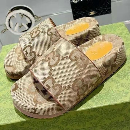 【#A549】Vintage All-Over Print Platform Slide Sandals, Unisex Anti-Slip Elevated Casual Outdoor Beach Slippers