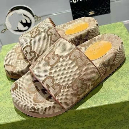 【#A549】Vintage All-Over Print Platform Slide Sandals, Unisex Anti-Slip Elevated Casual Outdoor Beach Slippers