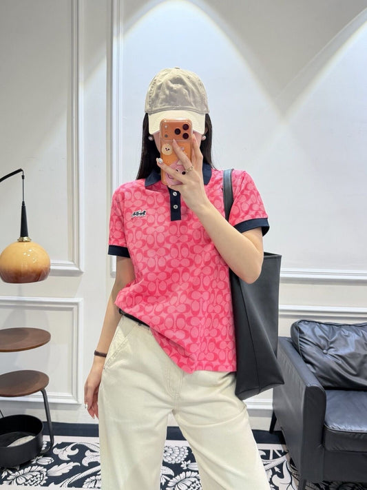 【#A551】Women Vintage All-Over Print Contrast Collar Polo Shirt, 3 Buttons Breathable Pique Cotton Casual Short Sleeve Top Two Colors
