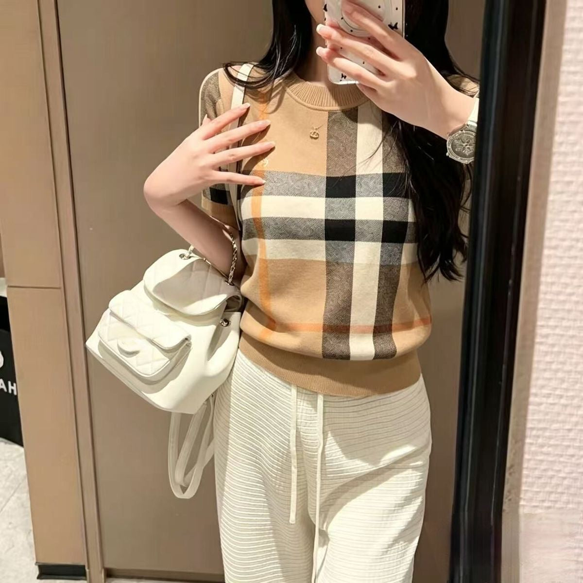 【#A552】Women Classic Camel Plaid Short Sleeve Knit Top, Crew Neck Slim Thin Color Block Grid Embroidery Casual Work Blouse