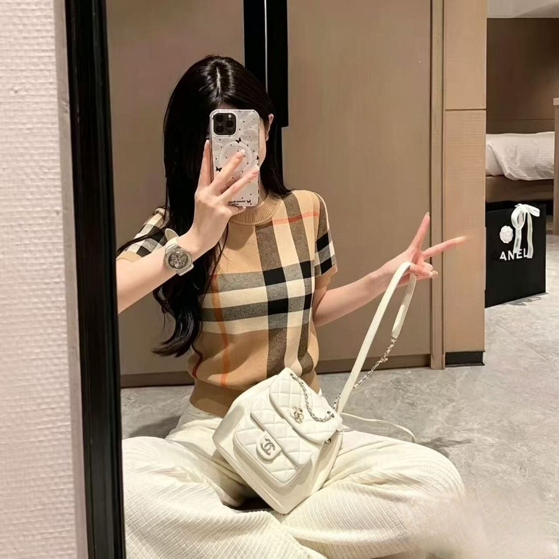【#A552】Women Classic Camel Plaid Short Sleeve Knit Top, Crew Neck Slim Thin Color Block Grid Embroidery Casual Work Blouse