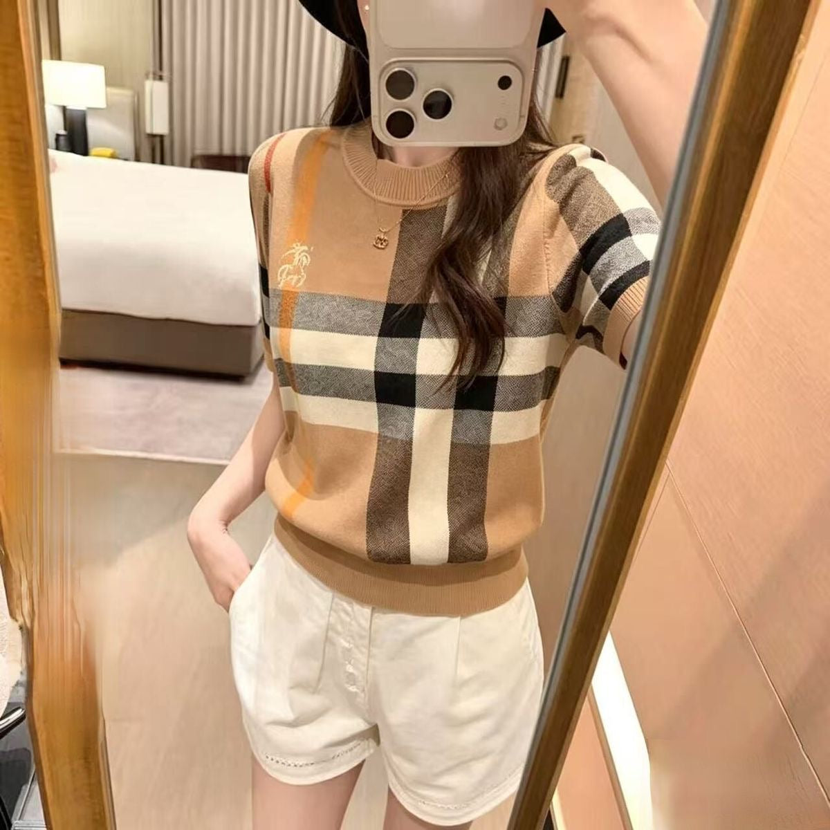 【#A552】Women Classic Camel Plaid Short Sleeve Knit Top, Crew Neck Slim Thin Color Block Grid Embroidery Casual Work Blouse