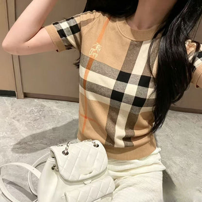 【#A552】Women Classic Camel Plaid Short Sleeve Knit Top, Crew Neck Slim Thin Color Block Grid Embroidery Casual Work Blouse