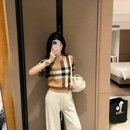 【#A552】Women Classic Camel Plaid Short Sleeve Knit Top, Crew Neck Slim Thin Color Block Grid Embroidery Casual Work Blouse