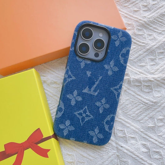 【#A553】Vintage Rhombus Print Phone Case, Denim & Grain Leather Full Coverage Shockproof Large Camera Frame Protective Cover Multi Colors