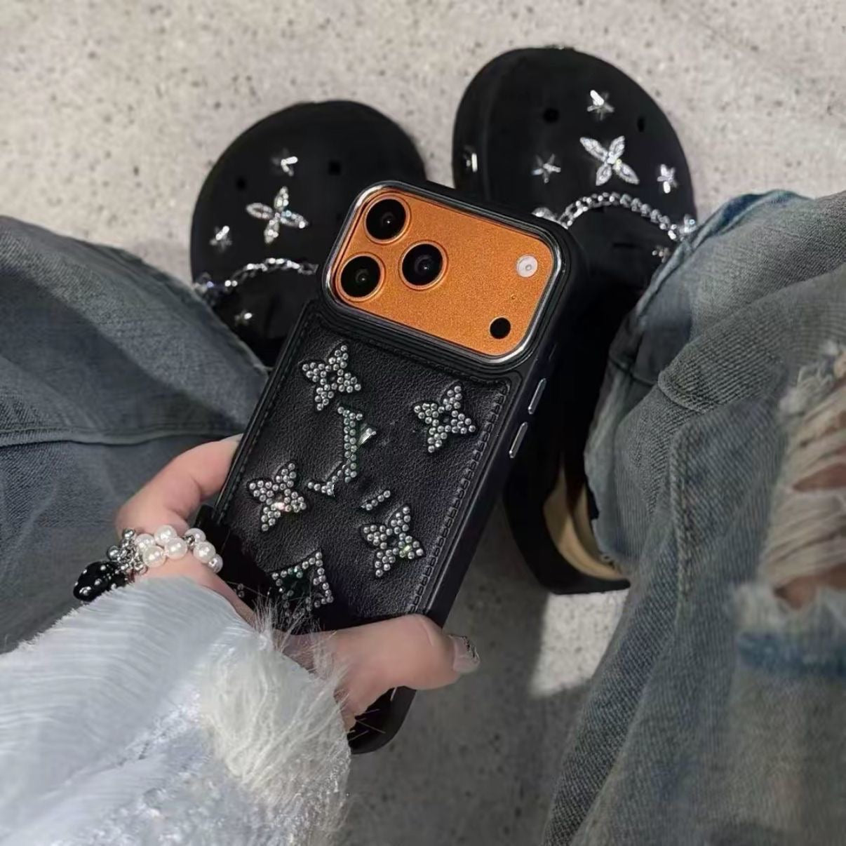 【#A554】Luxury Rhinestone Floral Leather Phone Case, Large Metal Camera Frame Full Shockproof Bling Diamond Protective Cover Multi Colors