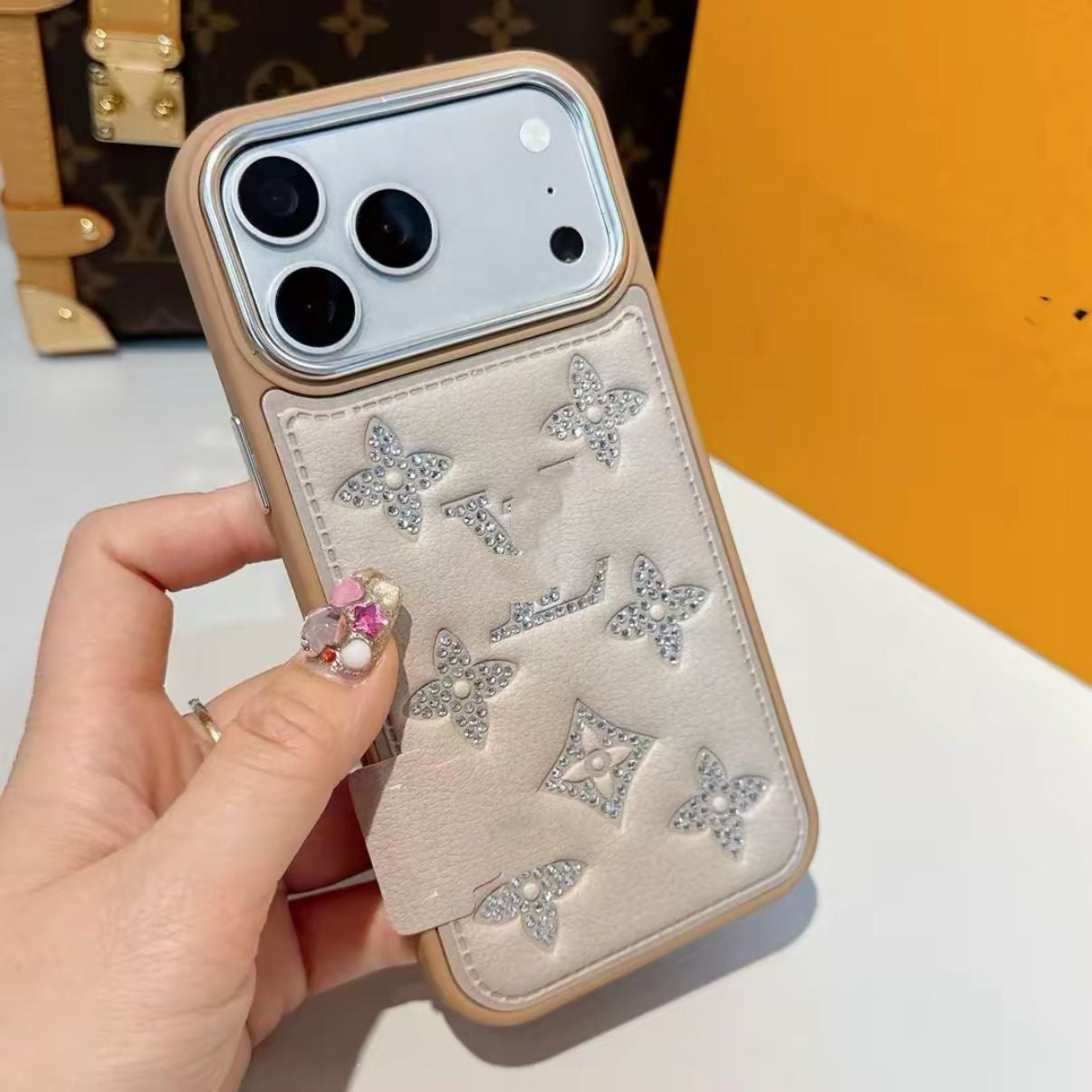 【#A554】Luxury Rhinestone Floral Leather Phone Case, Large Metal Camera Frame Full Shockproof Bling Diamond Protective Cover Multi Colors
