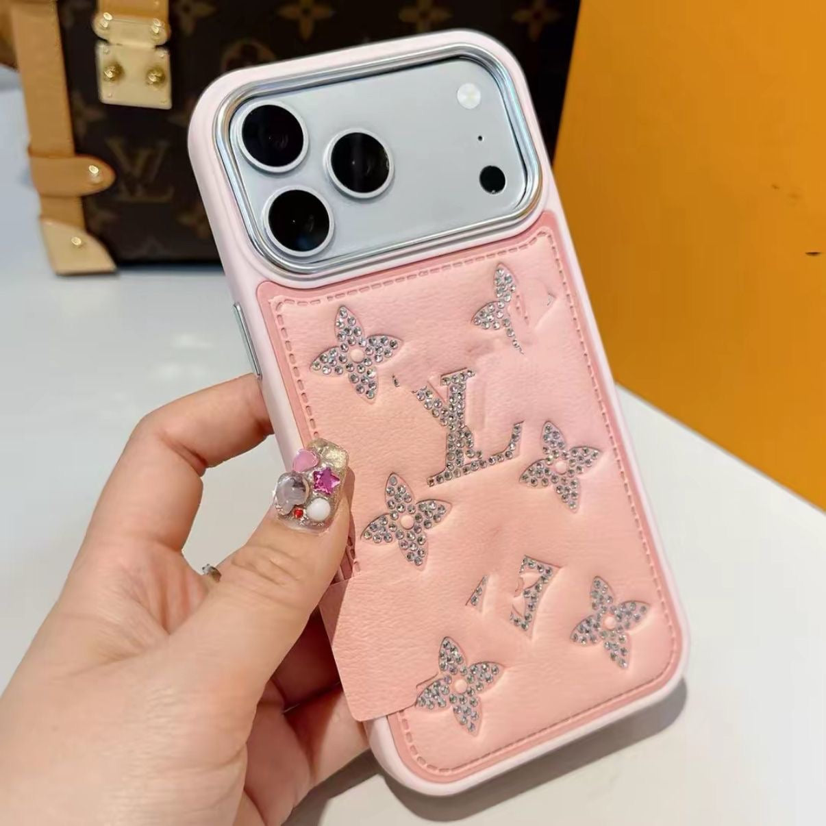 【#A554】Luxury Rhinestone Floral Leather Phone Case, Large Metal Camera Frame Full Shockproof Bling Diamond Protective Cover Multi Colors