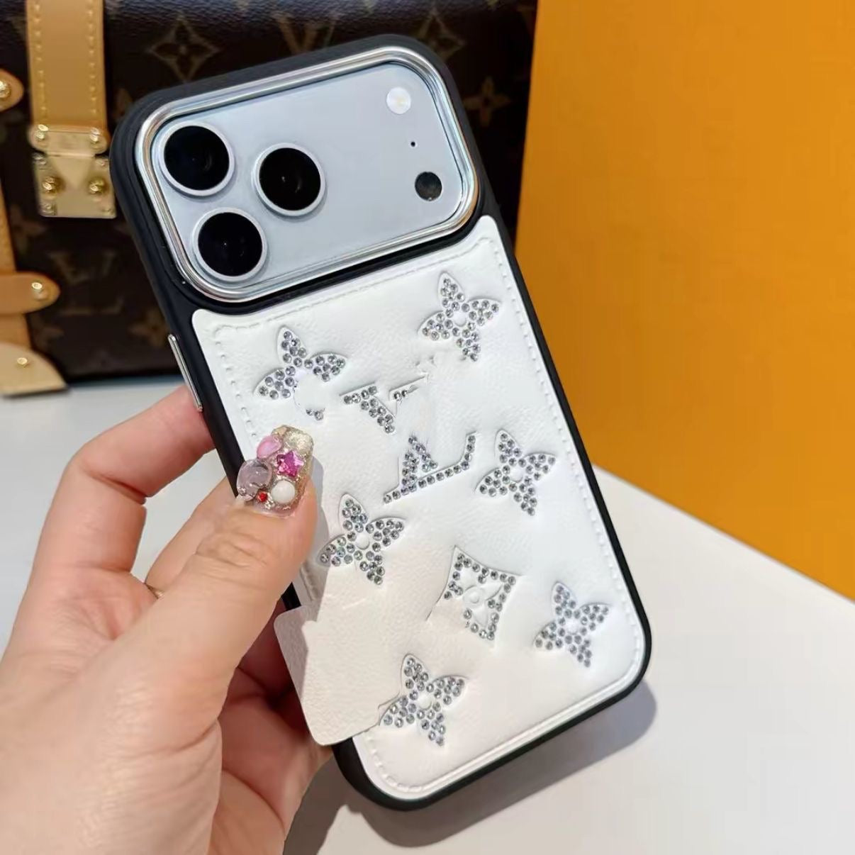 【#A554】Luxury Rhinestone Floral Leather Phone Case, Large Metal Camera Frame Full Shockproof Bling Diamond Protective Cover Multi Colors