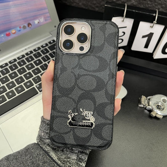 【#A555】Luxury Vintage All Over Oval Print Phone Case, Metal Carriage Badge Electroplated Camera Frame Full Shockproof Leather Cover 4 Colors