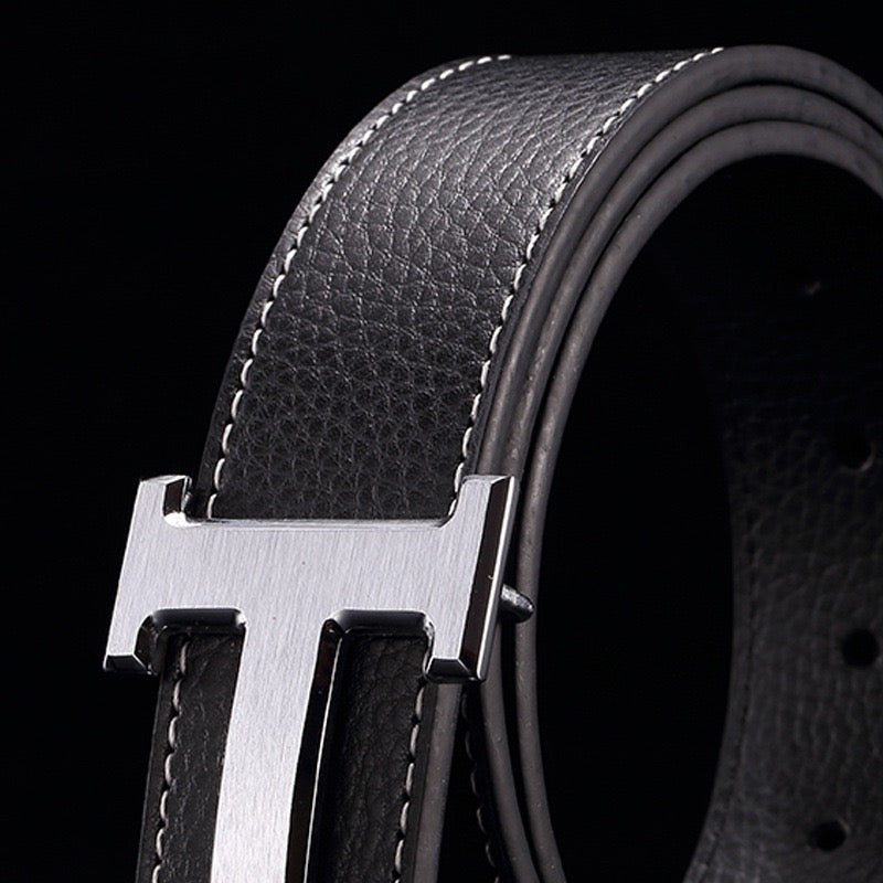Men Luxury Metal Pin Buckle Belt, Litchi Grain Double Sided Leather Versatile Business Casual Waist Strap Multi Colors