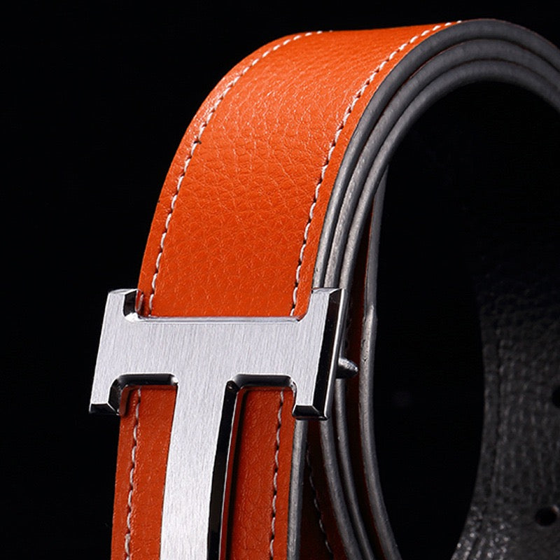 Men Luxury Metal Pin Buckle Belt, Litchi Grain Double Sided Leather Versatile Business Casual Waist Strap Multi Colors