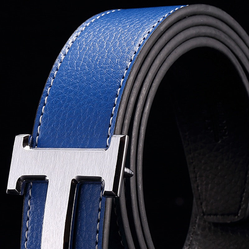 Men Luxury Metal Pin Buckle Belt, Litchi Grain Double Sided Leather Versatile Business Casual Waist Strap Multi Colors