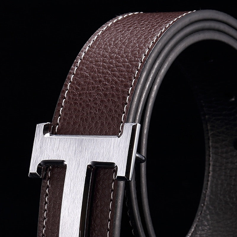 Men Luxury Metal Pin Buckle Belt, Litchi Grain Double Sided Leather Versatile Business Casual Waist Strap Multi Colors