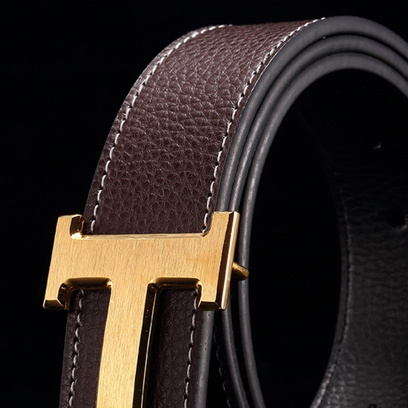 Men Luxury Metal Pin Buckle Belt, Litchi Grain Double Sided Leather Versatile Business Casual Waist Strap Multi Colors
