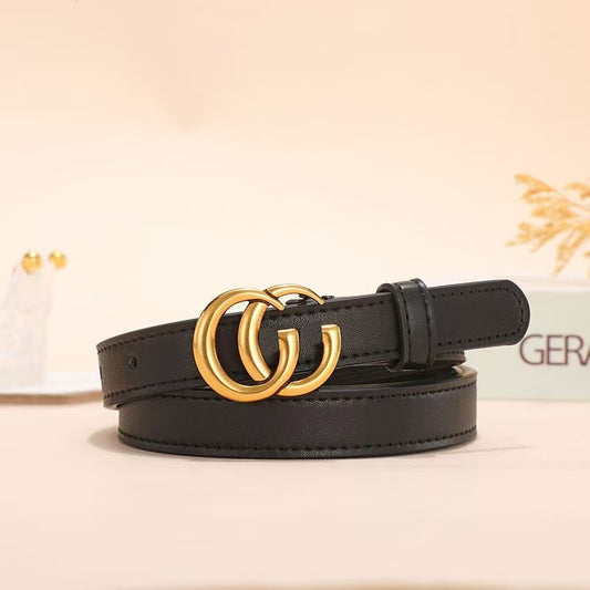 【#A558】Vintage Double Interlock Ring Leather Belt, Matte Gold Metal Pin Buckle Minimal Solid Color Unisex Casual Waist Strap Multiple Widths