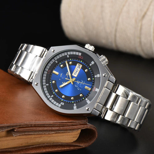 【#A560】Men Trendy Octagonal Day Date Steel Band Watch, Luminous Mark Waterproof Sports Casual Versatile Quartz Wristwatch 4 Dial Colors