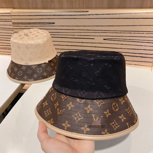 【#A564】Vintage All Over Print Reversible Bucket Hat, Jacquard Spliced Leather Trim Sun Hat Unisex Outdoor Sun Protection Fisherman Cap 2 Colors