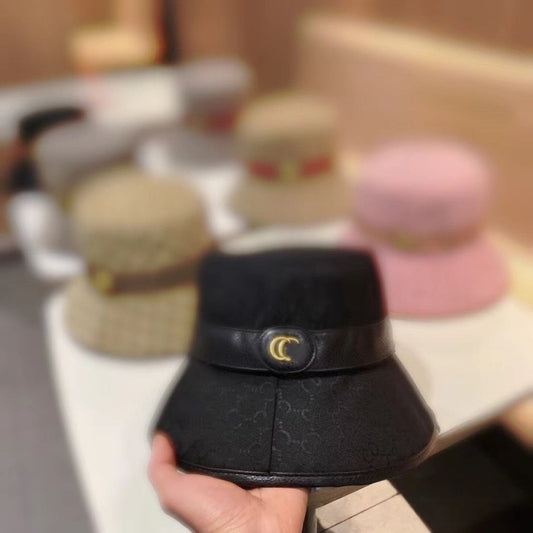 【#A565】Vintage All Over Embossed Print Bucket Hat With Leather Strap, Metal Interlock Badge Wide Brim Sun Hat For Women Multi Color Outdoor Cap