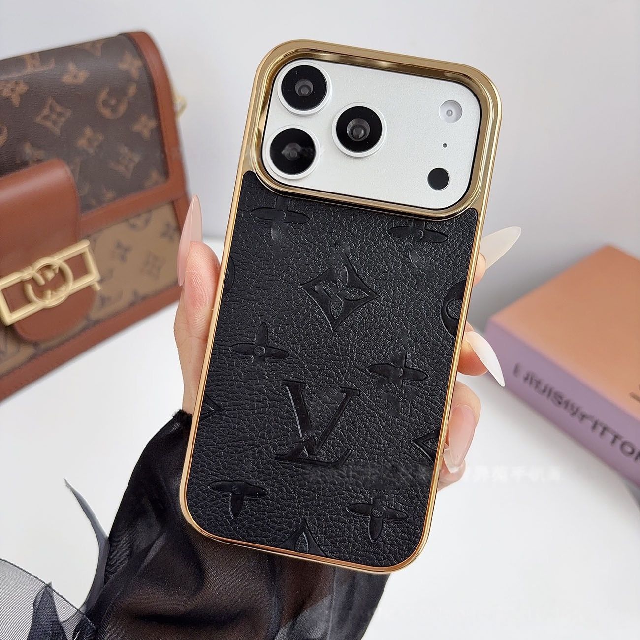 【#A568】Luxury Embossed Leather Phone Case With Gold Electroplated Frame Large Window Shockproof Cover For iPhone