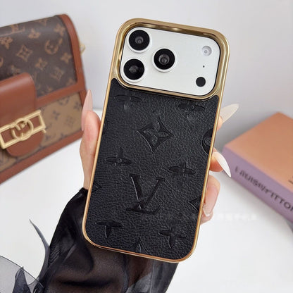 【#A568】Luxury Embossed Leather Phone Case With Gold Electroplated Frame Large Window Shockproof Cover For iPhone