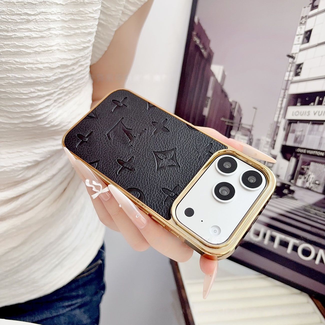 【#A568】Luxury Embossed Leather Phone Case With Gold Electroplated Frame Large Window Shockproof Cover For iPhone