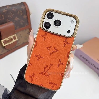 【#A568】Luxury Embossed Leather Phone Case With Gold Electroplated Frame Large Window Shockproof Cover For iPhone