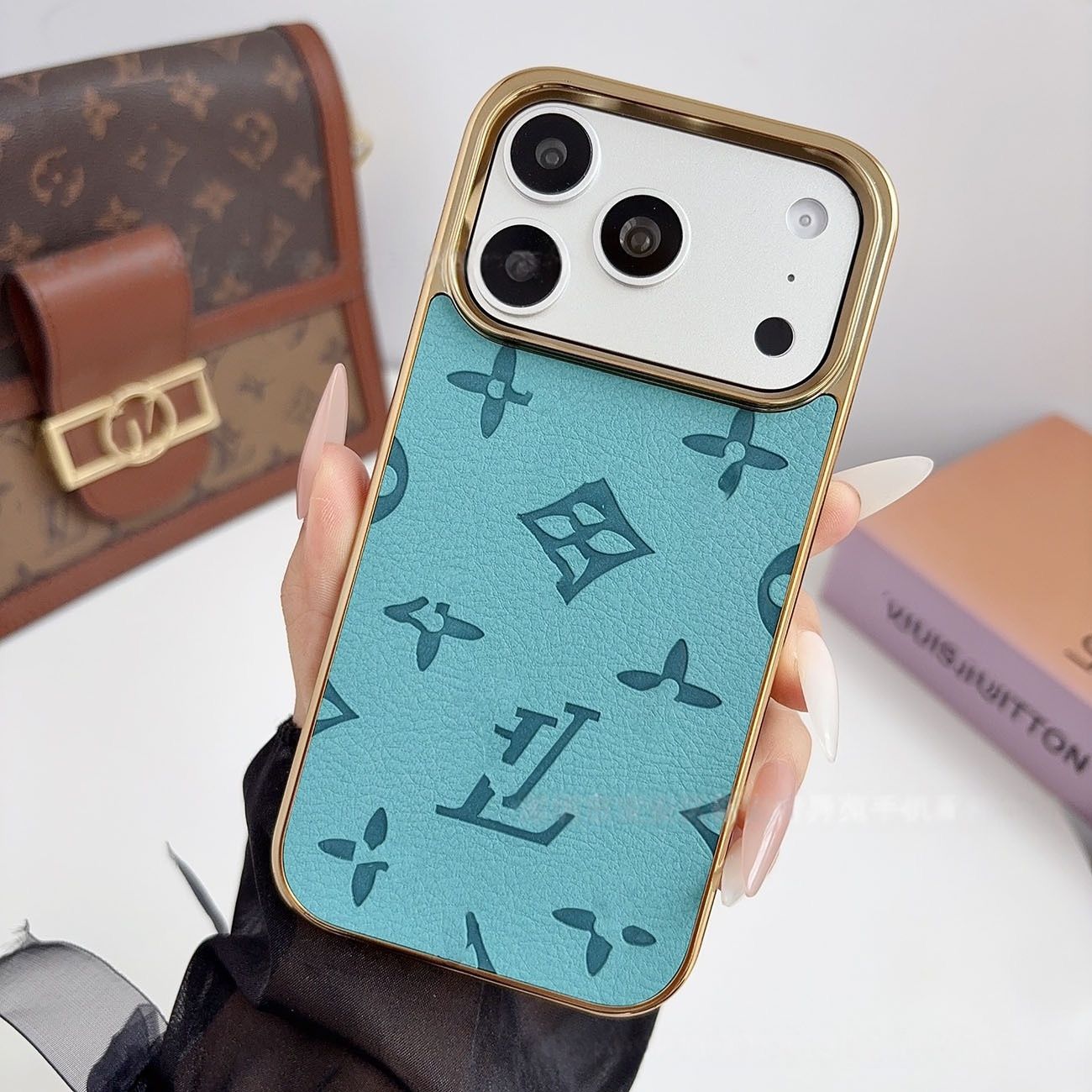 【#A568】Luxury Embossed Leather Phone Case With Gold Electroplated Frame Large Window Shockproof Cover For iPhone