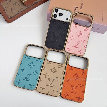 【#A568】Luxury Embossed Leather Phone Case With Gold Electroplated Frame Large Window Shockproof Cover For iPhone