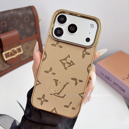 【#A568】Luxury Embossed Leather Phone Case With Gold Electroplated Frame Large Window Shockproof Cover For iPhone