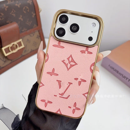 【#A568】Luxury Embossed Leather Phone Case With Gold Electroplated Frame Large Window Shockproof Cover For iPhone