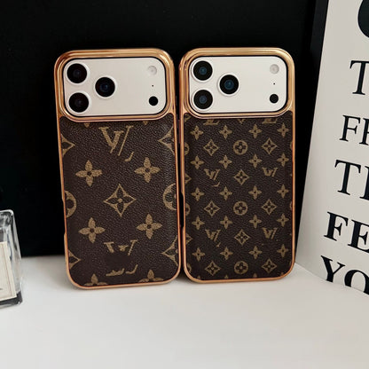 【#A569】Vintage Floral Print Leather Phone Case With Gold Plated Frame Large Window Shockproof Cover For iPhone