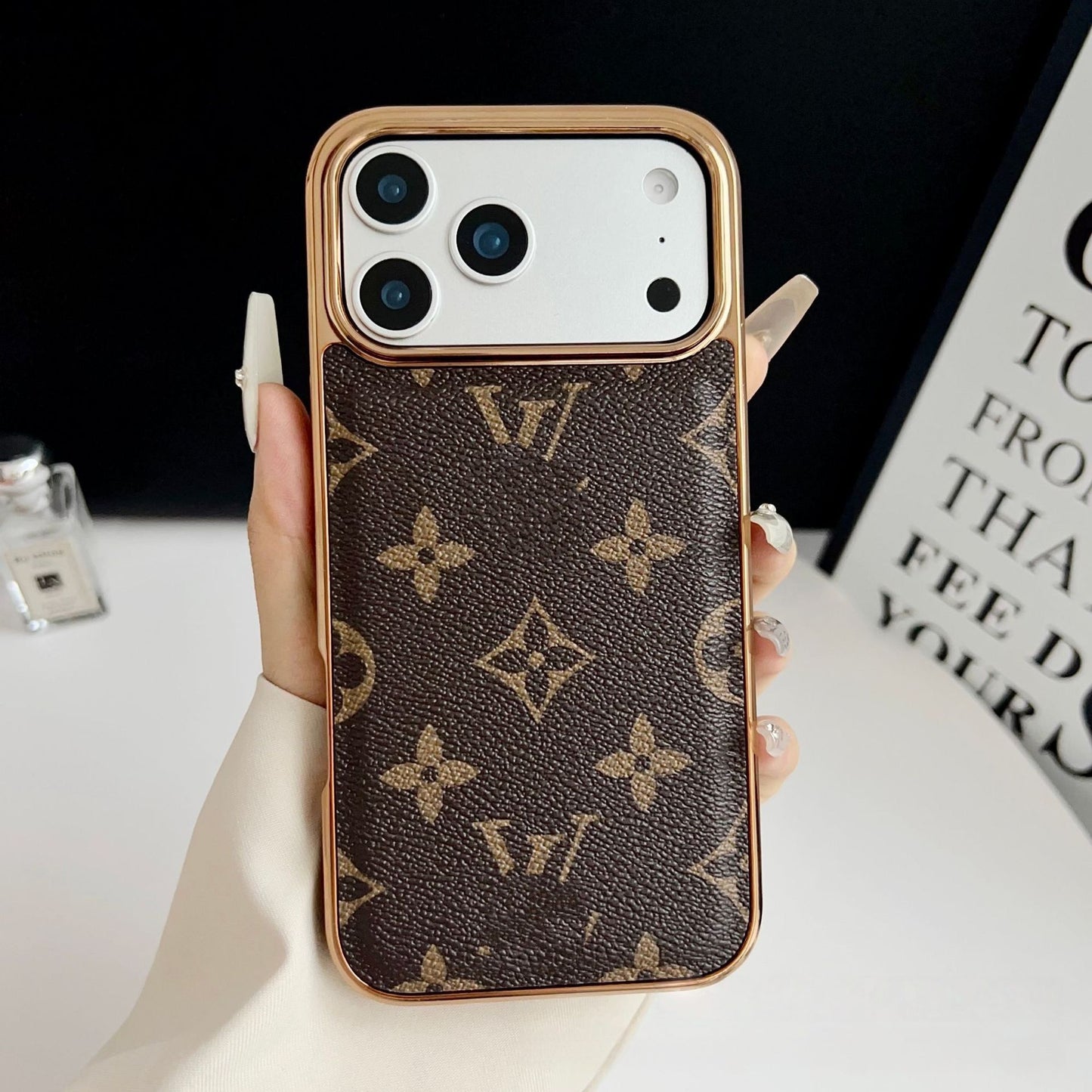 【#A569】Vintage Floral Print Leather Phone Case With Gold Plated Frame Large Window Shockproof Cover For iPhone