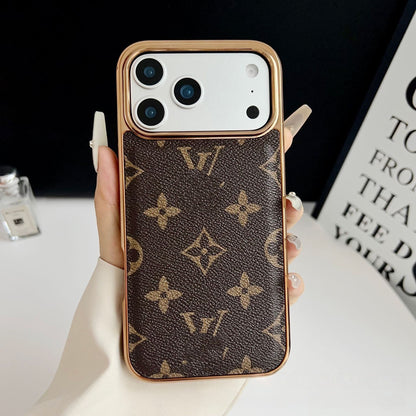 【#A569】Vintage Floral Print Leather Phone Case With Gold Plated Frame Large Window Shockproof Cover For iPhone