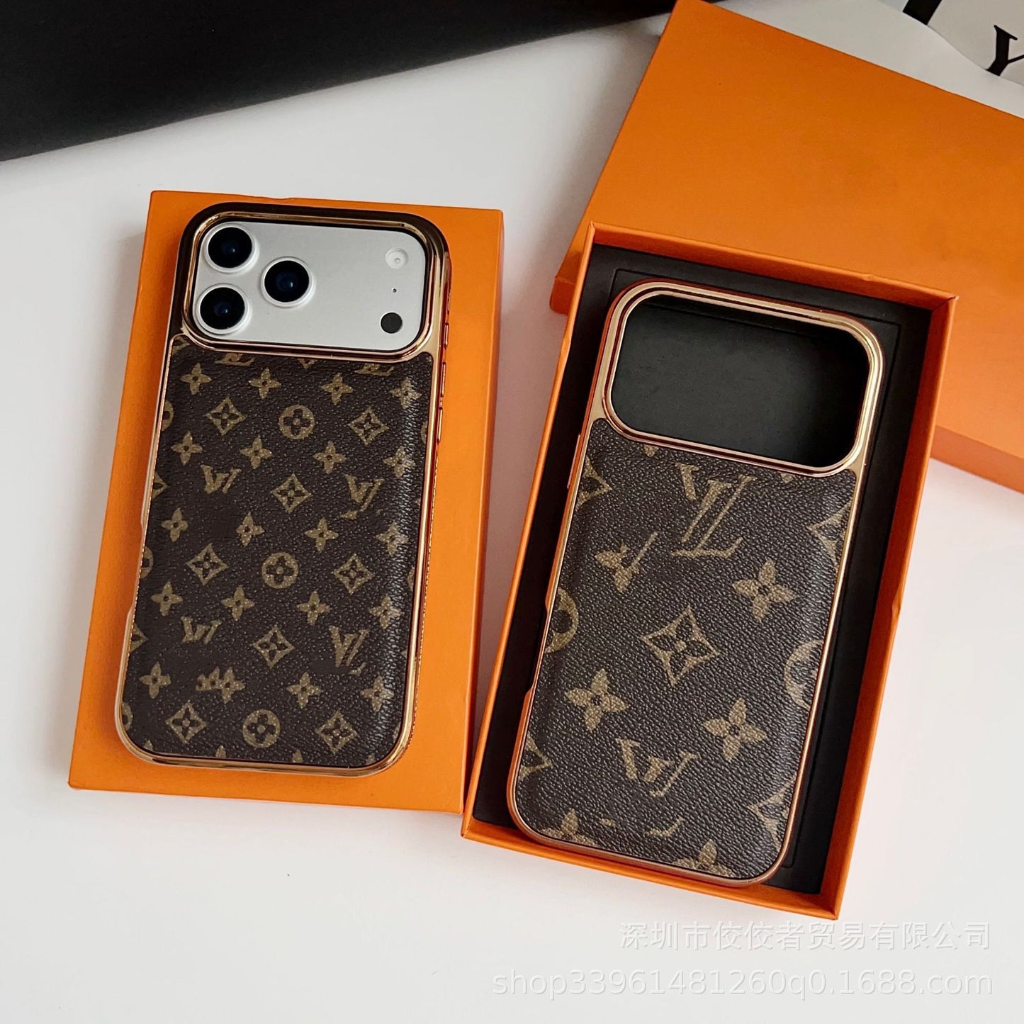 【#A569】Vintage Floral Print Leather Phone Case With Gold Plated Frame Large Window Shockproof Cover For iPhone