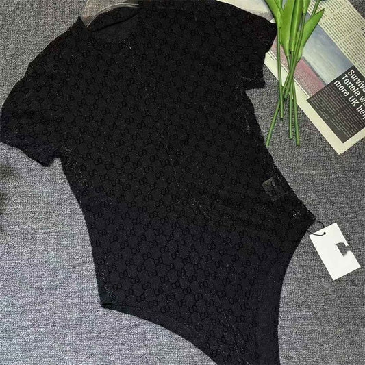 【#A570】Vintage All Over Print Short Sleeve Bodysuit Women Stretch Mesh Slim Fitted Base Top Multi Colors