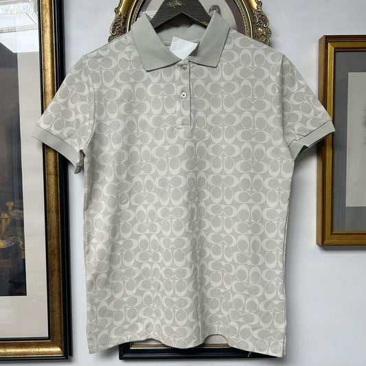 【#A571】Vintage Jacquard Print Polo Shirt Women Lapel Breathable Pique Cotton Casual Top 2 Colors