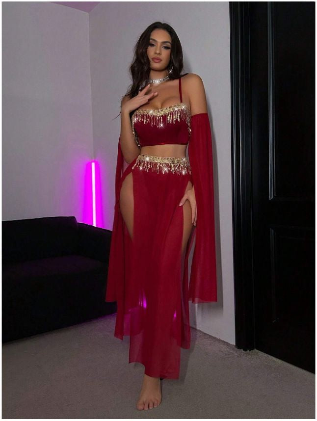 3-Piece Outfit With Tassel Sequins Cami & Sheer High Slit Maxi Skirt, Stage & Vacation Costume Set