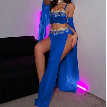 3-Piece Outfit With Tassel Sequins Cami & Sheer High Slit Maxi Skirt, Stage & Vacation Costume Set