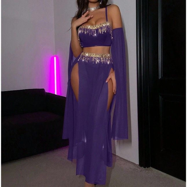 3-Piece Outfit With Tassel Sequins Cami & Sheer High Slit Maxi Skirt, Stage & Vacation Costume Set