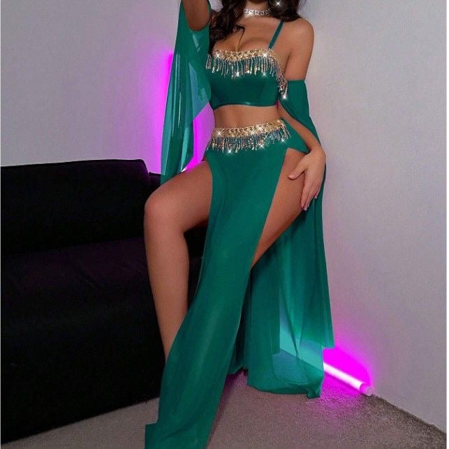 3-Piece Outfit With Tassel Sequins Cami & Sheer High Slit Maxi Skirt, Stage & Vacation Costume Set