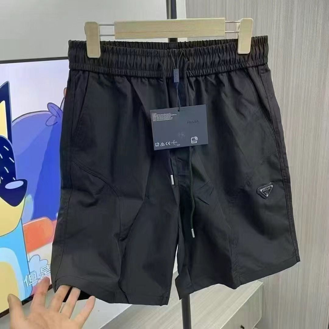 【#A580】Men's Triangle Badge Quick Dry Ice Silk Five Inch Shorts, Elastic Drawstring Loose Casual Beach Shorts