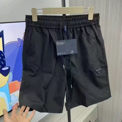 【#A580】Men's Triangle Badge Quick Dry Ice Silk Five Inch Shorts, Elastic Drawstring Loose Casual Beach Shorts