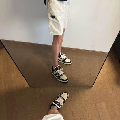 【#A580】Men's Triangle Badge Quick Dry Ice Silk Five Inch Shorts, Elastic Drawstring Loose Casual Beach Shorts