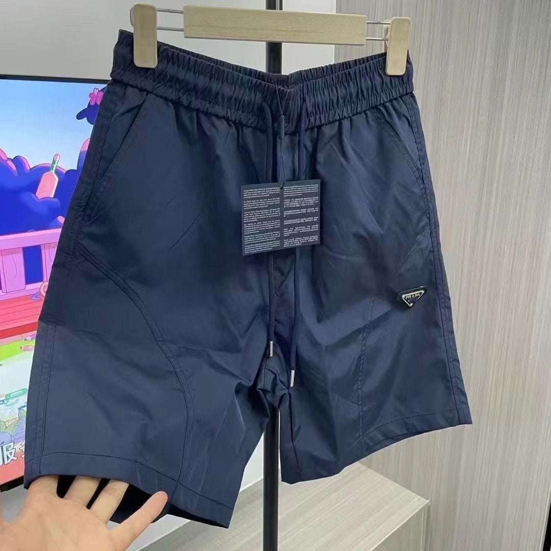 【#A580】Men's Triangle Badge Quick Dry Ice Silk Five Inch Shorts, Elastic Drawstring Loose Casual Beach Shorts